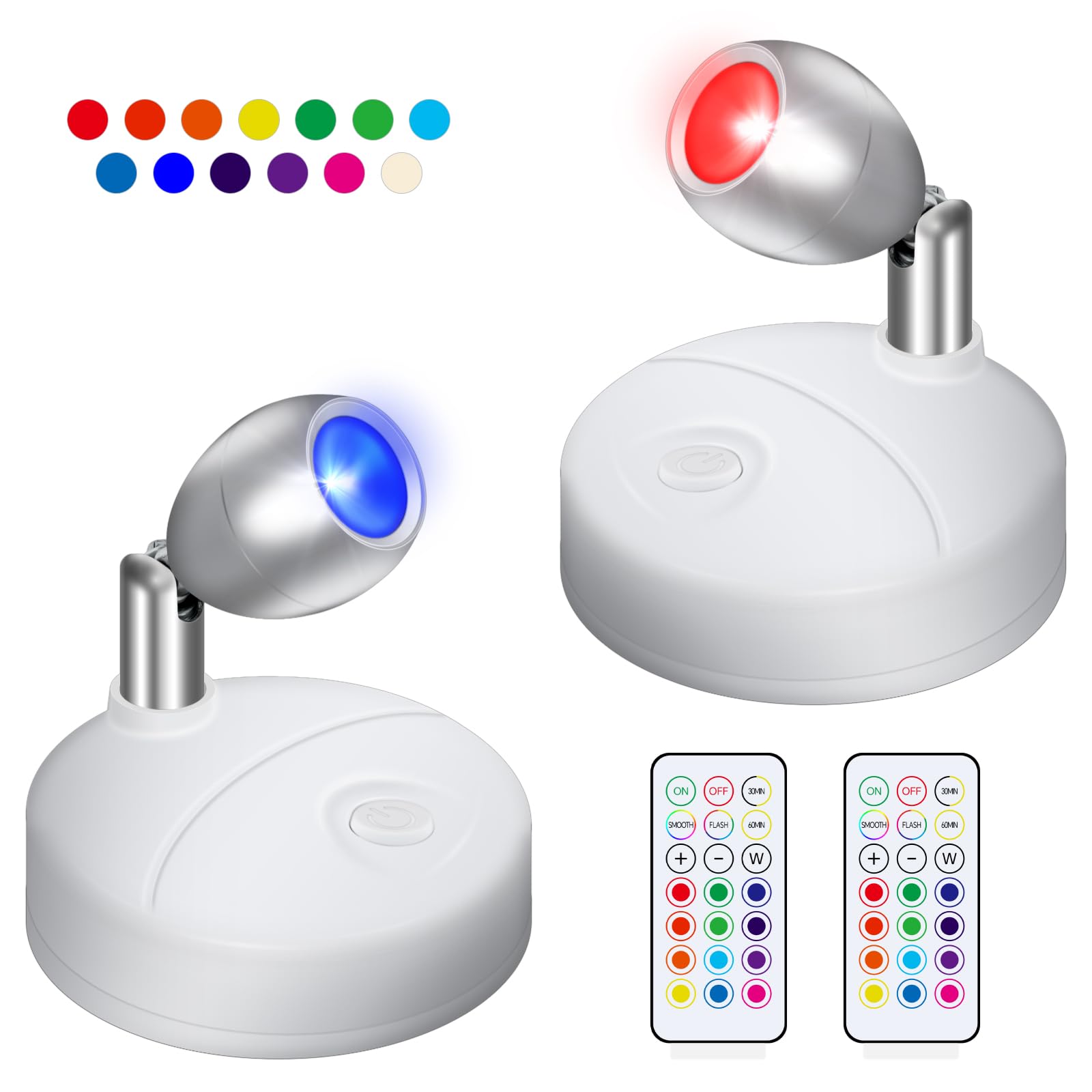 2 Pack Wireless LED Spotlights with Remote Control, Color Changing RGB Battery Spot Lights Indoor, Mini Picture Light Dimmer Timer Wall Light for Cabinet Art Display Statue Plants Painting, White