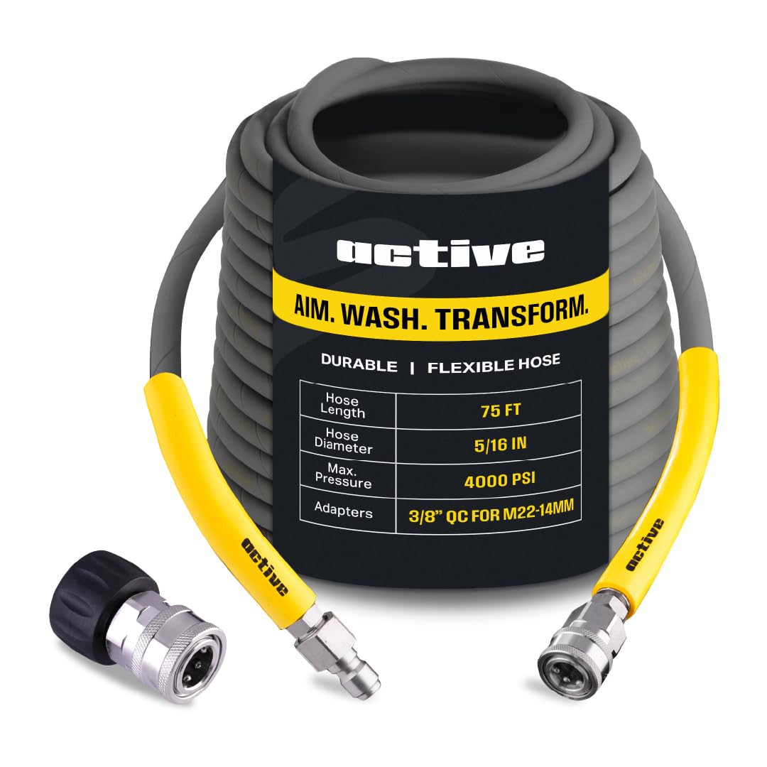 Active Ash_yellow 75’ Pressure Washer Hose Compatible With Gas And Electric Pressure Washers (M22-14Mm) Kink Resistant, Flexible Steel Braided Power Washer Hose, Max Operating Spec Of 4000 Psi & 12 Gpm And 212°F
