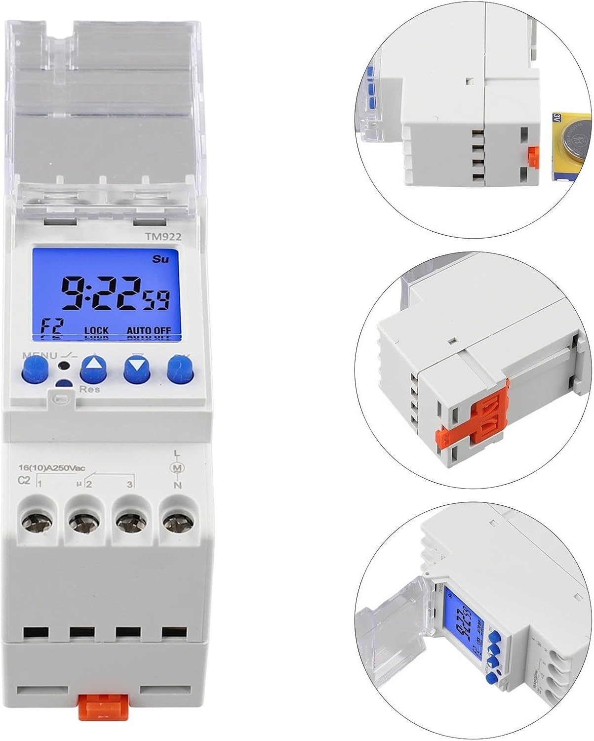Exploded view of the TM922 timer showing internal components and DIN rail clip.