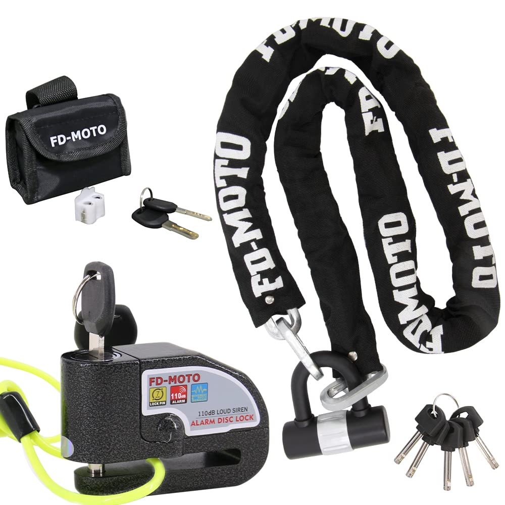 FD-Moto 1.5M*10mm 3.4KG Steel Motorcycle Chain Lock Padlock + 110dB Black Alarmed Motorbike Brake Disc Lock + 1.5M Cable