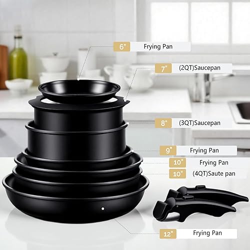 Miniatura 7 de Bonnlo Juego de 23 utensilios de cocina antiadherentes, juego de ollas y sartenes de aluminio con asas extraíbles y desmontables, juego de cocina de