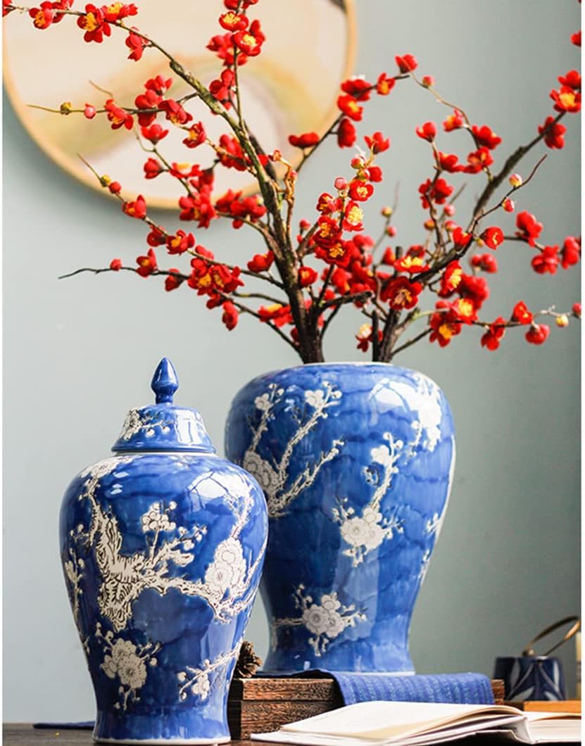 Ceramiczny słoik, Niebieskie wazony ceramiczne Słoik na imbir z pokrywką do wystroju wnętrz Wzór kwiatu śliwki Słój świątynny Wazon(16 * 46cm)
