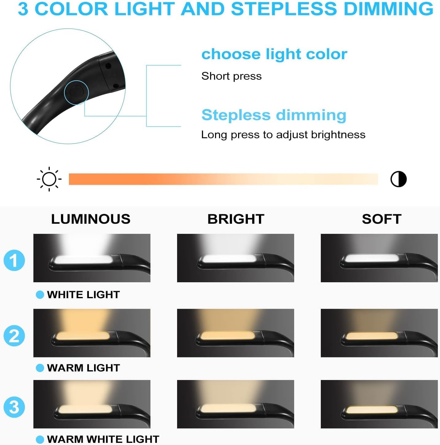 Luz de lectura para el cuello, brillo ajustable con 3 opciones de color, brazos flexibles para leer, hacer manualidades y actividades nocturnas