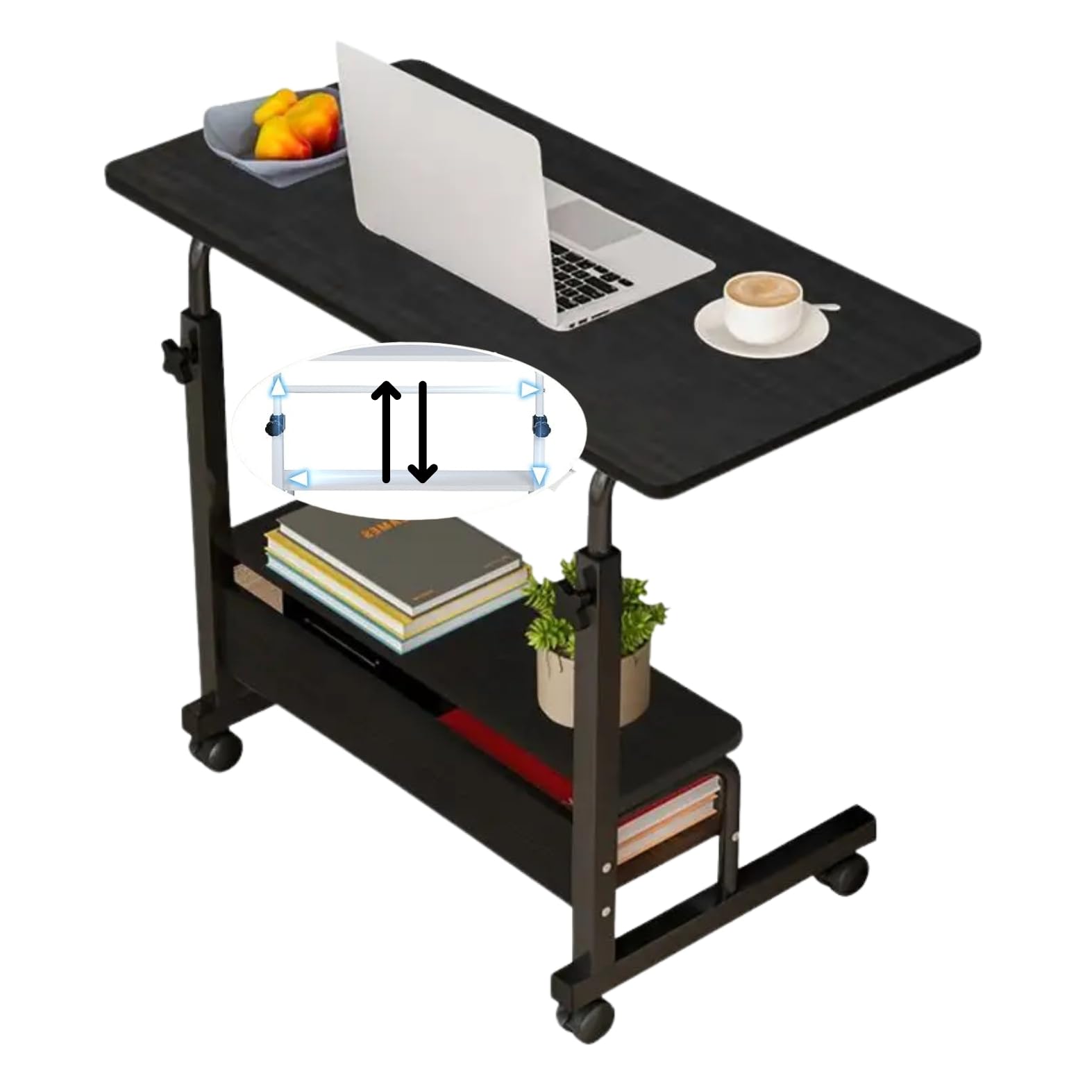 JANDTEK Mesa Auxiliar con Ruedas - Mesa Ordenador pequeña 80x40 - Mesa portatil Ordenador con estanteria Inferior - Escritorio con Ruedas y Altura Regulable (80x40, Negro)