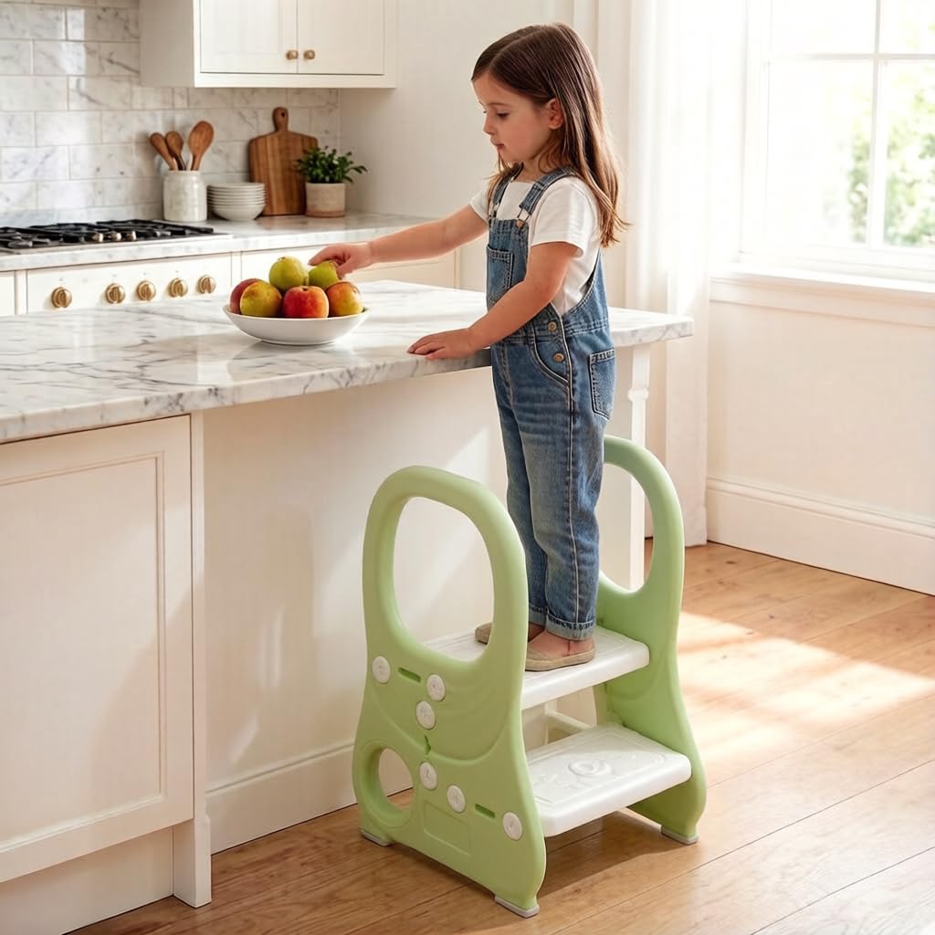 Toddler Step Stool with Handles, 2 Steps Kids Stool for Bathroom Potty Training, Step Ladder for Bedroom Kitchen Counter, Learning Tower with Non-slip Foot Pads, Children Stepping Stool, Green