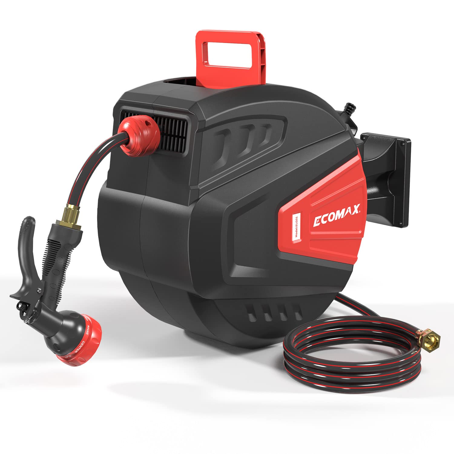 ELG01 1/2in. x 100ft Garden Hose Reel, Retractable Reel Storage with Any Length Lock, Slow Return System, 9 Patterns Adjustable, Wall-mounted & 180° Swivel Bracket for Watering, Black & Red INCOMPLETE 