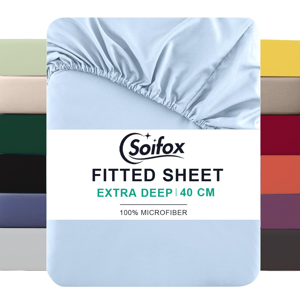 Soifox Double Fitted Sheets 40 cm Extra Deep Pocket Light Blue Bed Sheets 16 inch, Soft Microfiber Bottom Sheet for Double Bed, 135x190cm โ image 1