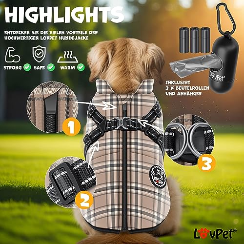 LOVPET® Hundejacke Hundemantel mit Geschirr, inkl. 45 Stück Kotbeutel + Spender, Hunde Winterweste gefüttert wasserdicht, Gepolsterte Weste Mit Brustgurt, Reflektoren, D-Ring XL, Beige