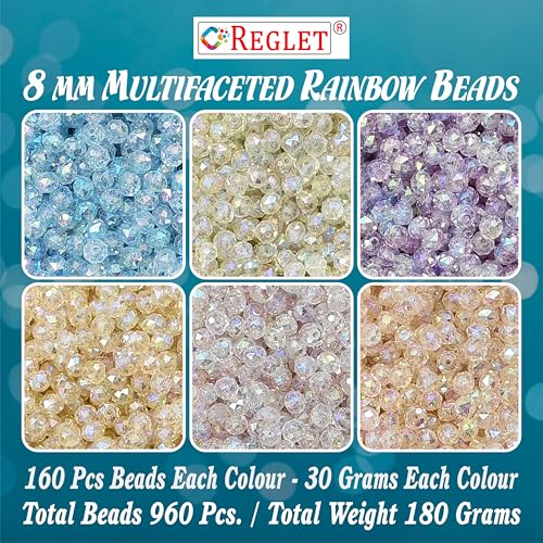 Image of 960 Pcs Multi Faceted Rainbow Crystal Beads for Jewellery Making Kit, DIY Beads for Bracelet Making Kit, Beading, Beadwork, Crafting, Embroidery, Bead Craft, Pearls for Craft - 180g, 8mm