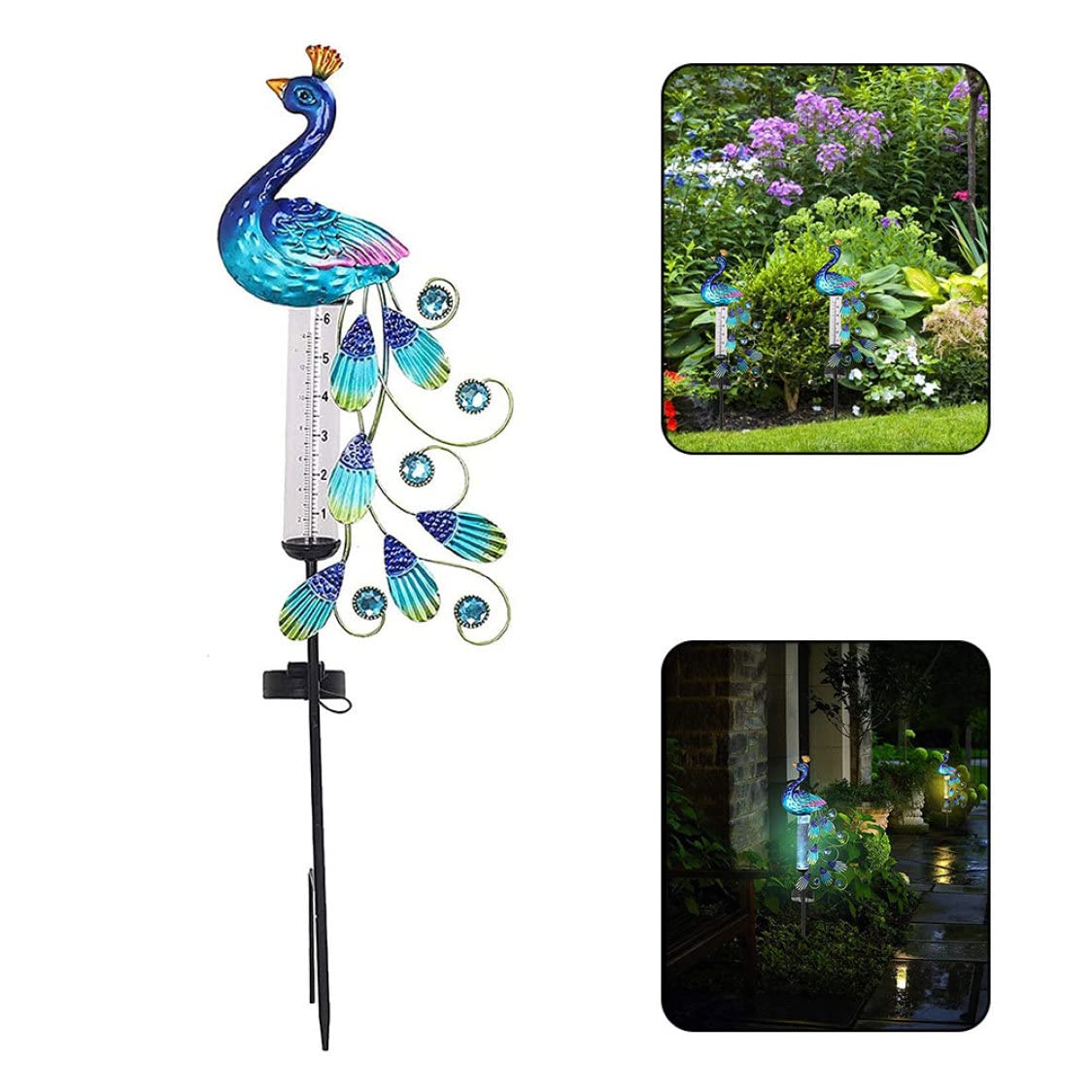 Pluviomètre Lumineux à énergie Solaire Piquets de Jardin en métal en Forme de Paon Décorations de Jardin imperméables Pluviomètres décoratifs extérieurs pour Jardin Pluviomètre décoratif