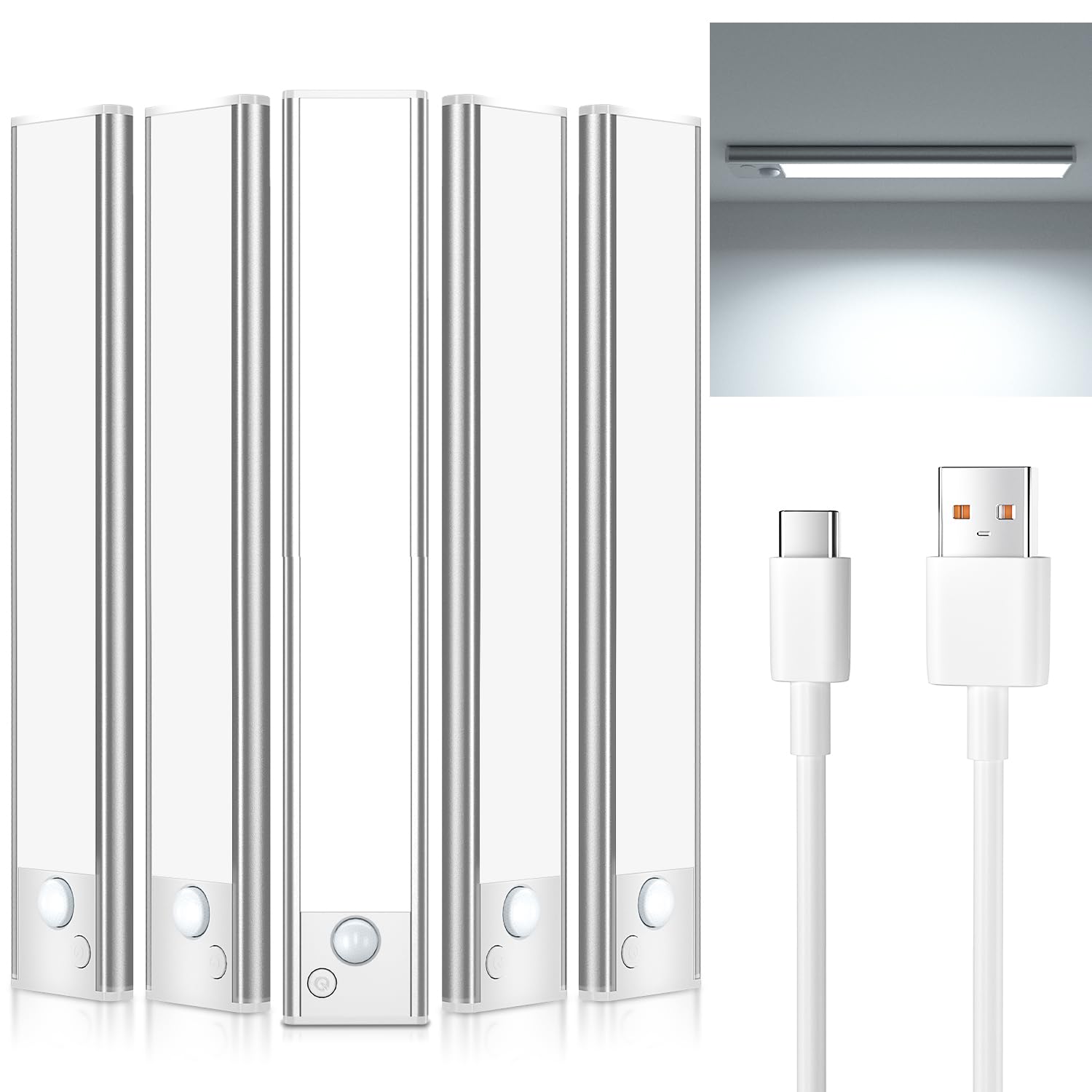 JEKEMORYE Luce LED Sottopensile Cucina Luci - Bianco 20CM 5 Pezzi - Viene Fornito con 3 Cavi di Alimentazione USB