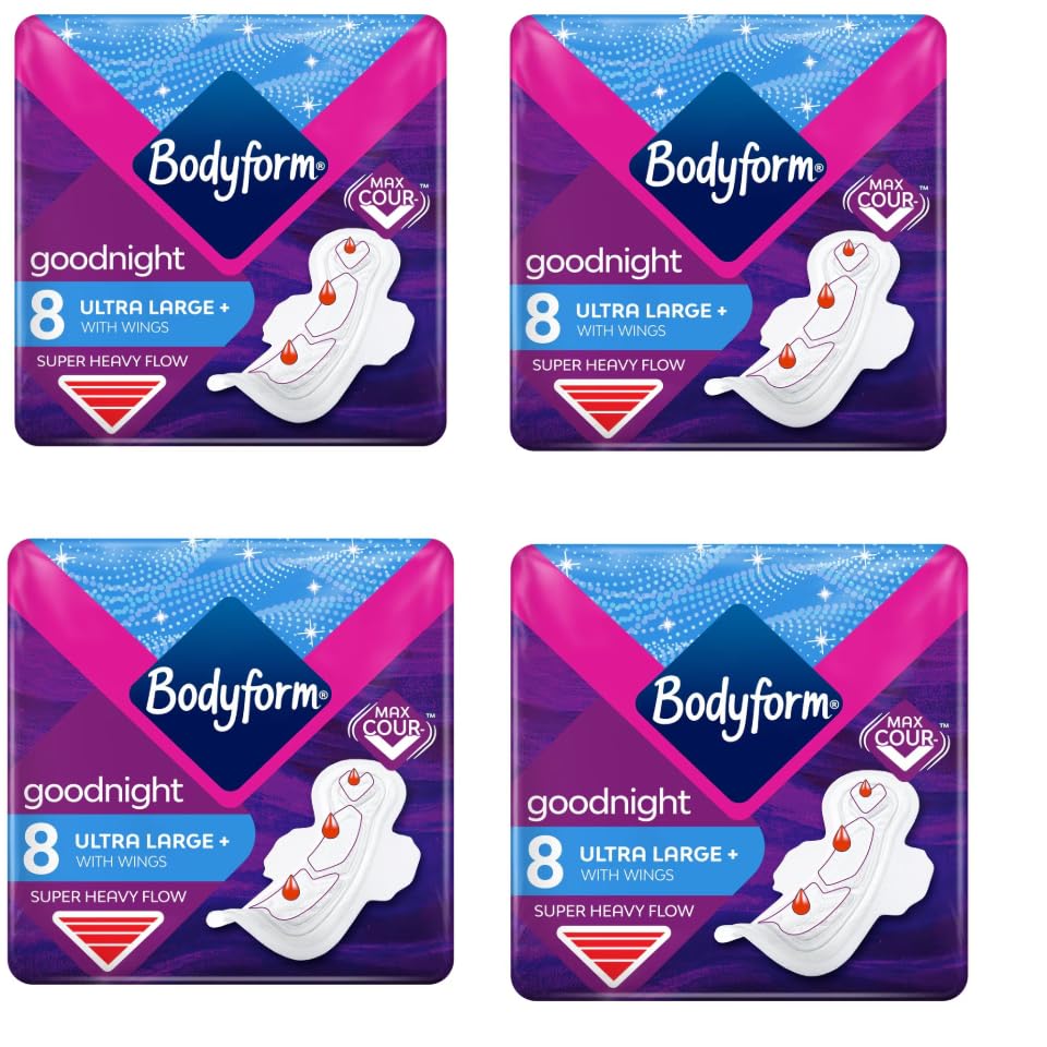 Ultra Night Sanitary Towels, 32 Count, 8 Packs of 4, Wings, Super Heavy Flow, Night Use
