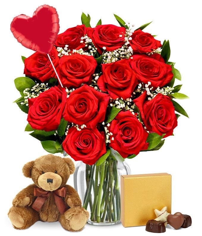 From You Flowers - One Dozen Red Roses + Heart Balloon + Chocolate + Bear with Glass Vase | Fresh Flower Bouquets for Birthday, Anniversary, Get Well or Celebration