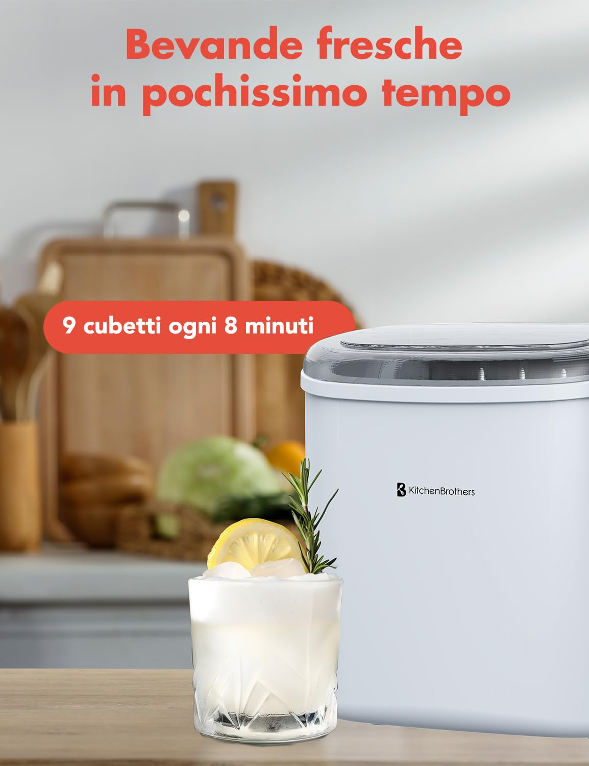 KitchenBrothersMacchina Ice Maker Professionale - Macchina del Ghiaccio da Casa - 9 Cubetti ogni 8 Minuti - 1,2L