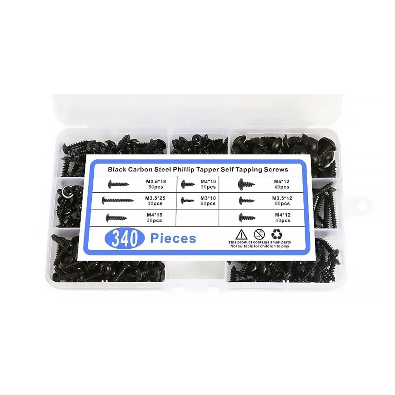 Kit d'assortiment de vis autotaraudeuses à tête cruciforme, 340 pièces/boîte, en acier au carbone noir for meubles M3/M3.5/M4/M5(1 BOX)