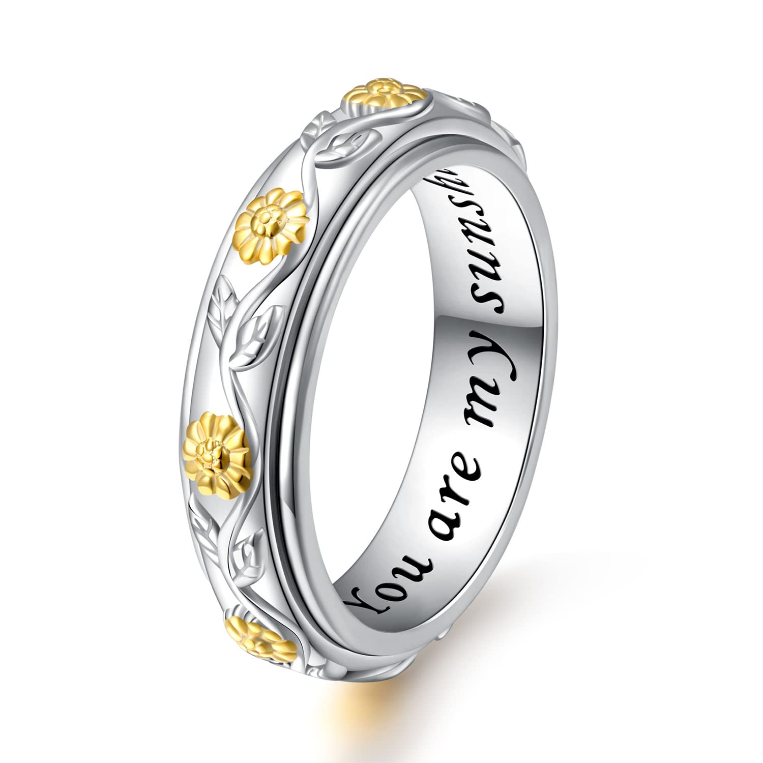 DAOCHONG Anillo giratorio para ansiedad con diseño de girasol con texto en inglés "You are My Sunshine", de plata de ley, para aliviar el estrés, anillo de compromiso y boda, Plata de ley