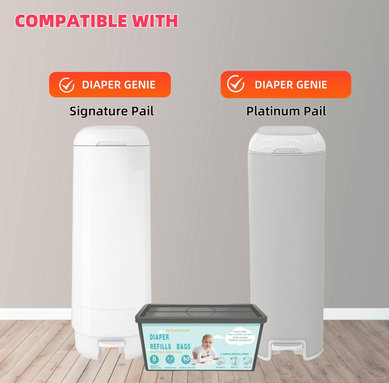 Diaper Pail Refills Bags with 30 Bags Compatible with Genie Easy Roll Signature and Platinum Diaper Pails, 7-Layer Odor-Barrier Technology-3 Packs