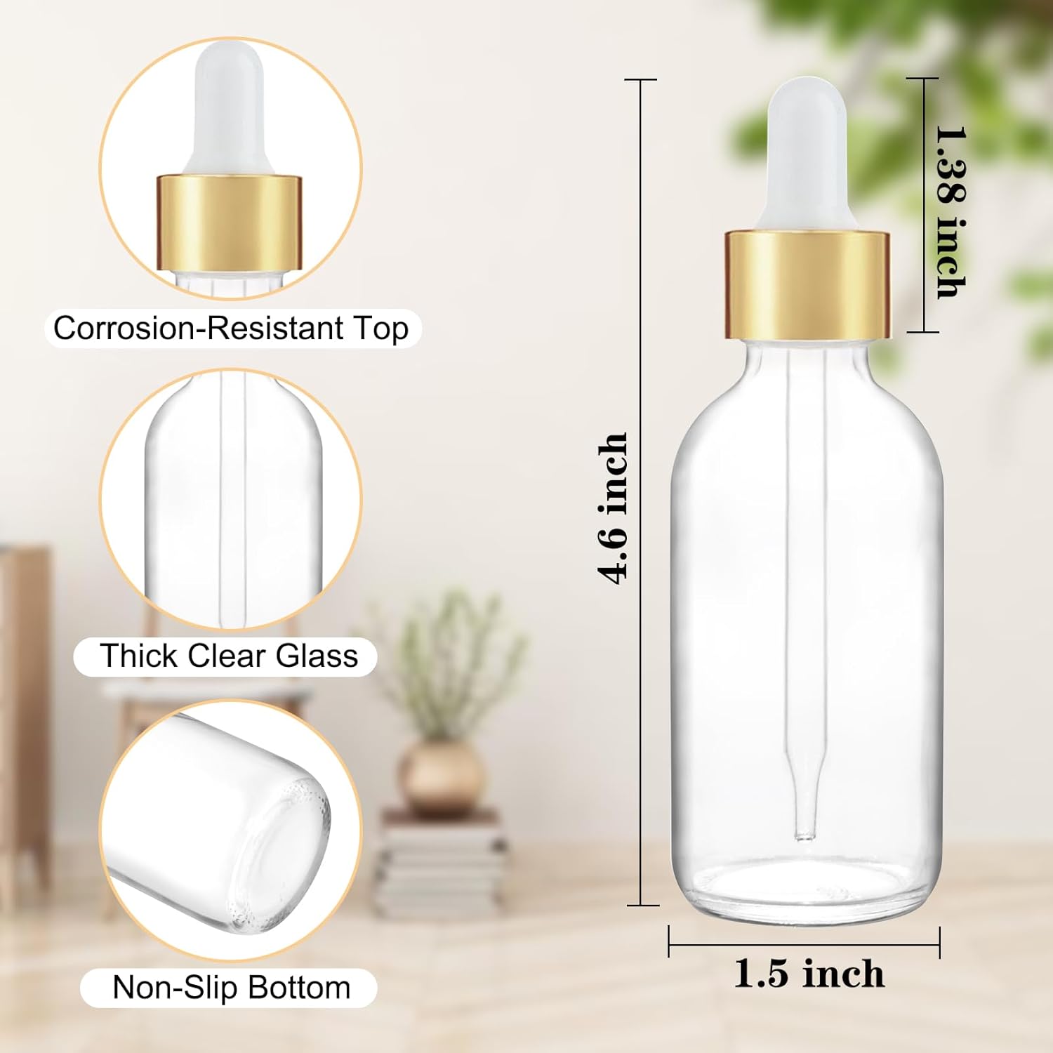 24 Pack 2oz Clear Glass Bottles with Golden Top Eye Droppers for Essential Oils, Perfumes & Lab Chemicals (Brush, Funnels, 2 Extra Droppers, 36 Pieces Labels & 30ml Measuring Cup Included) - Image 2