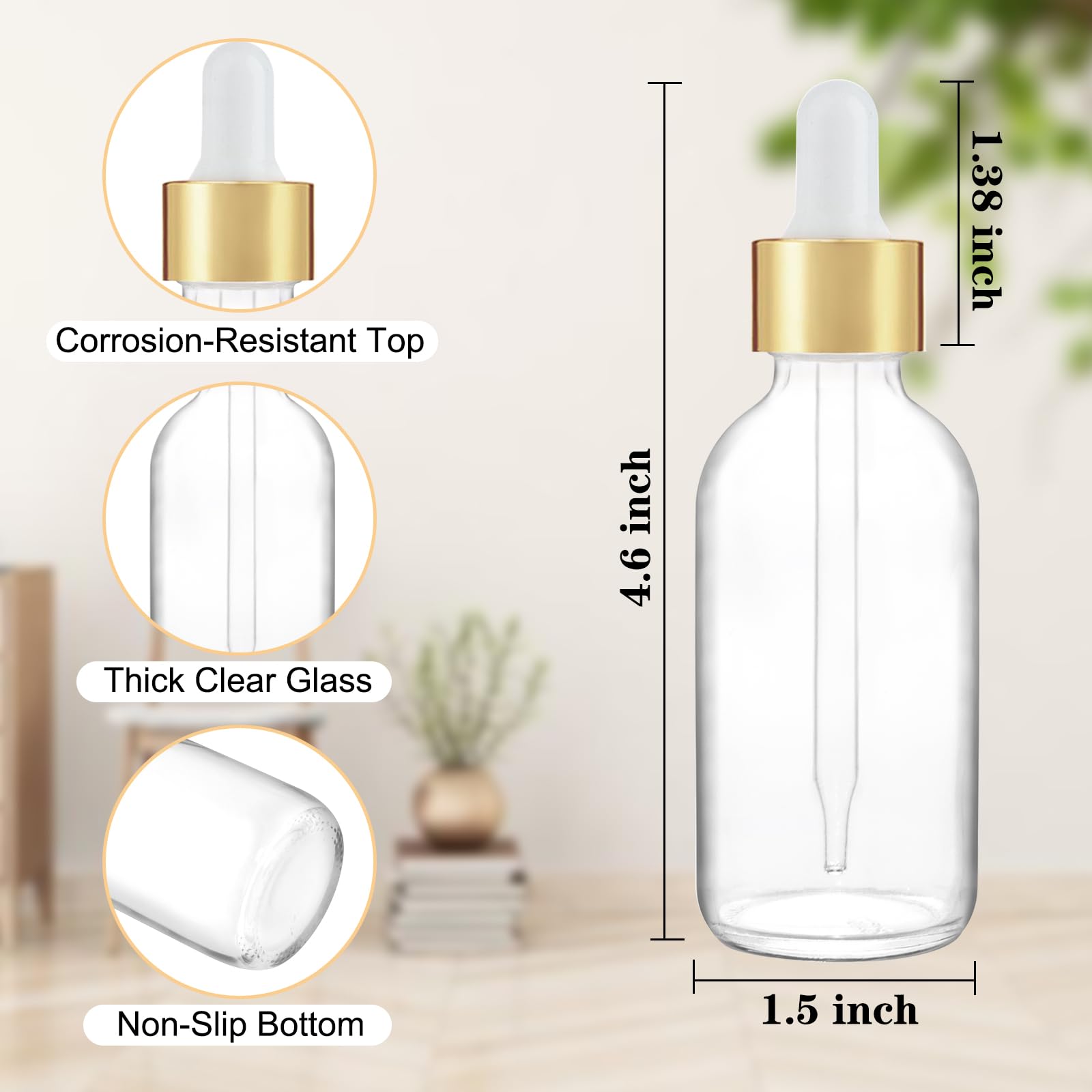 Lot de 24 flacons en verre transparent de 60 ml avec compte-gouttes dorés pour huiles essentielles, parfums et produits chimiques de laboratoire (brosse, entonnoirs, 2 compte-gouttes