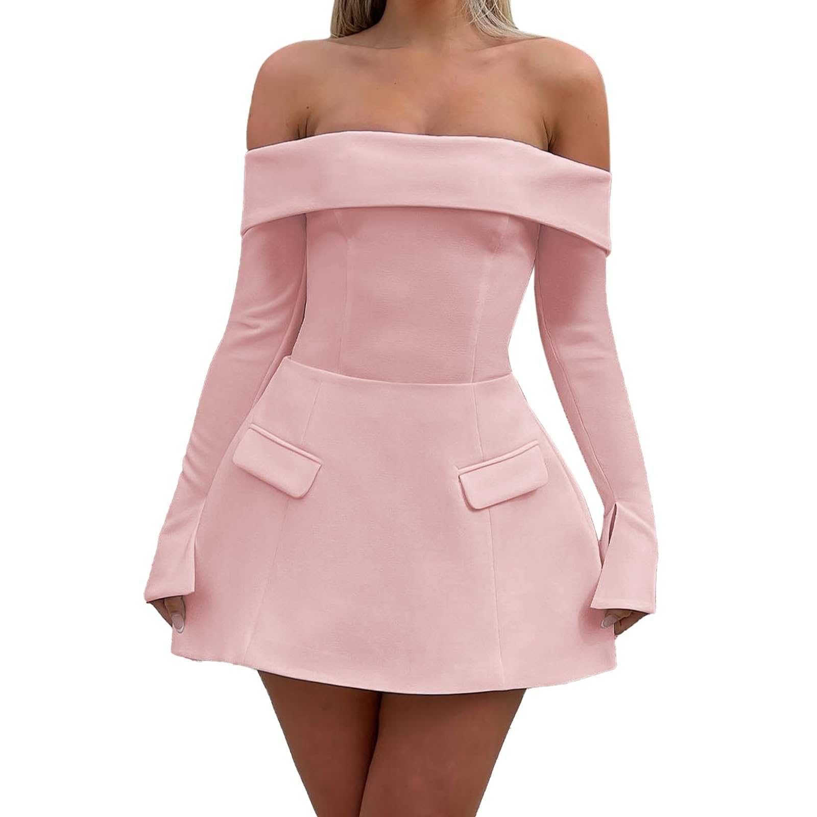 ABYOVRT Women Sexy Mini Dress Off Shoulder Long Sleeve A Line Dress Short Formal Dresses Party Clubwear