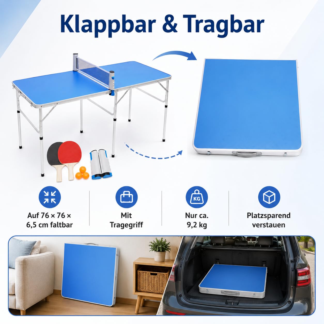 Set di mini tavolo da ping pong, pieghevole, per interni, con rete, 2 racchette e 3 palline, durevole e stabile, gioco per interni ed esterni, per casa e in viaggio (152 x 76 x 76 cm), blu