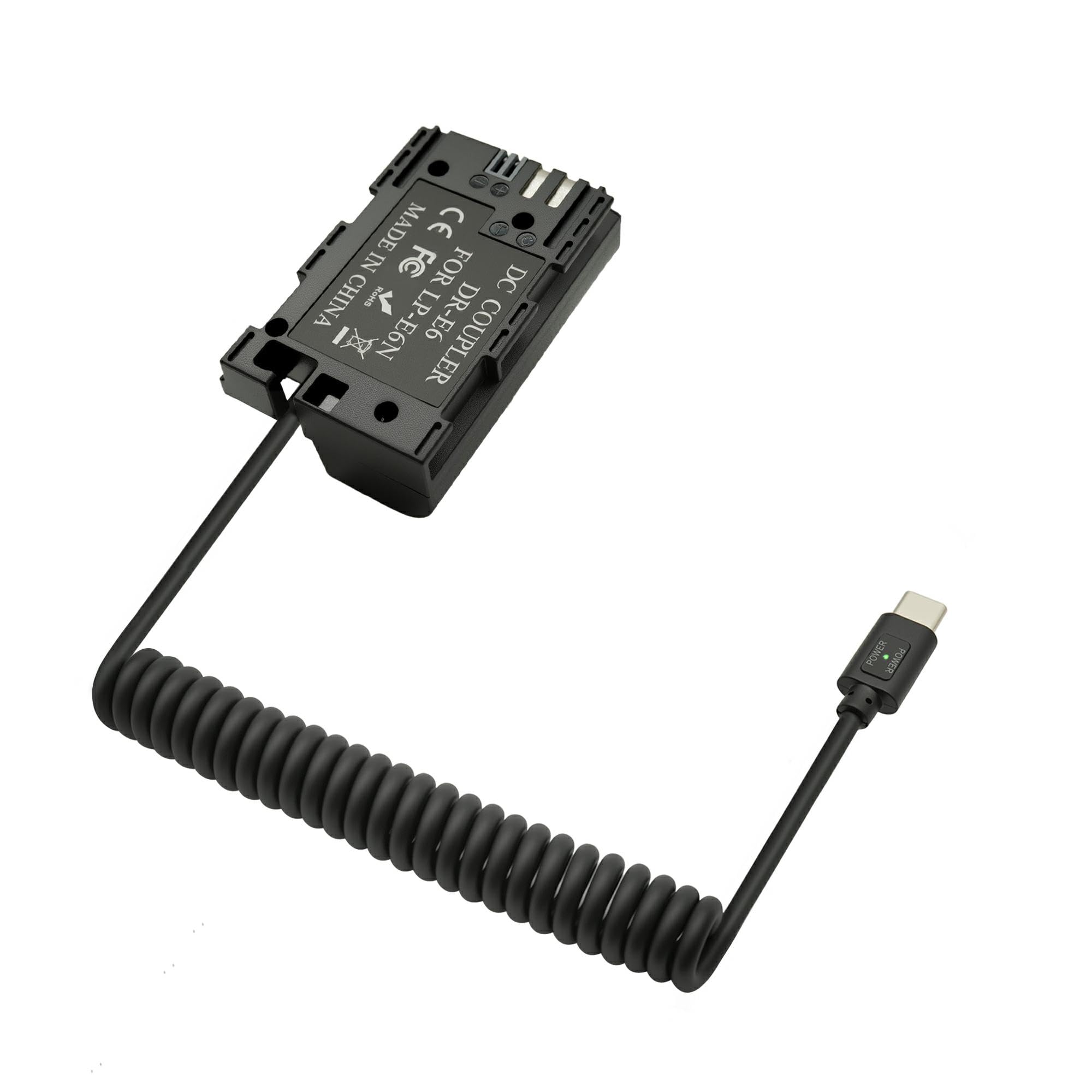 Type C to LPE6 Dummy Battery Coiled Cable Compatible with Canon EOS