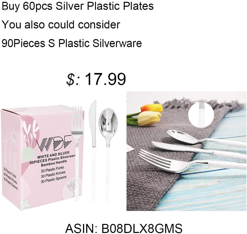 WDF 60pcs Silver Plastic Plates-Baroque White &Silver Plates for Upscale Parties &Wedding-including 30Plastic Dinner Plate 10.25inch, 30 Salad Plate 7.5inch for Valentine's Day - Image 6