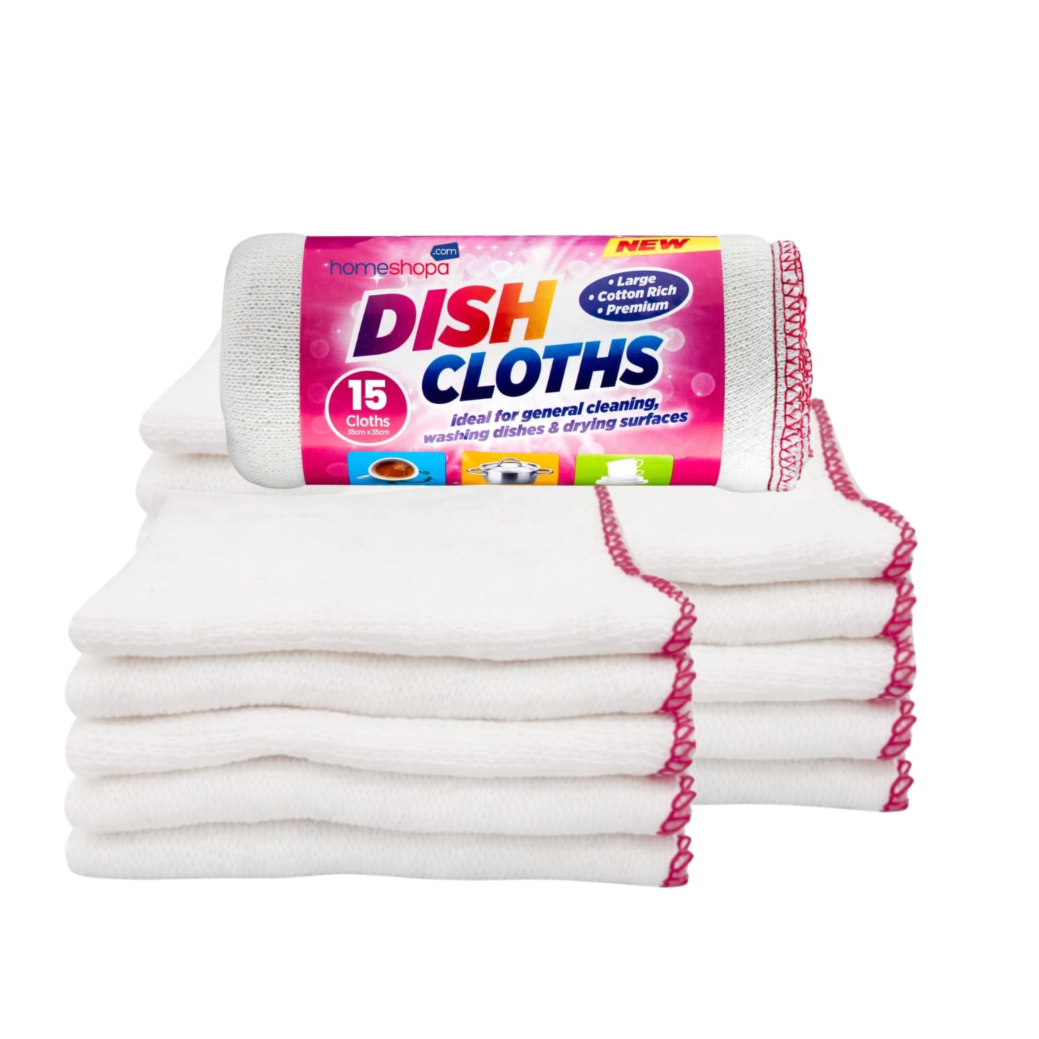 HOMESHOPA Large Dish Cleaning Cloth, 15 Pack Cotton Super Absorbent White Kitchen Washing Up Dishcloth, Extra Soft & Thick Reusable Tea Towels Washcloths, 35 X 35cm