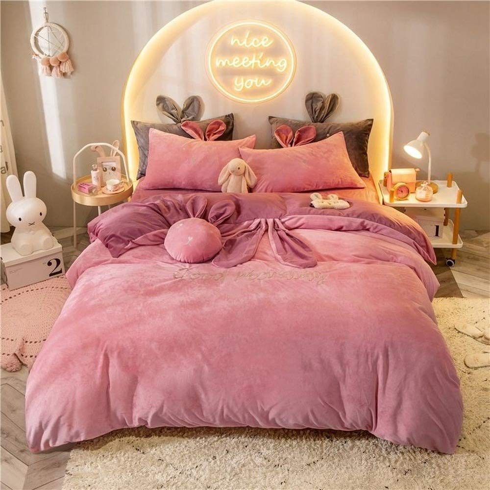 Juego de ropa de cama de terciopelo con diseño de orejas de conejo y funda de almohada, para habitación de los niños (AB01, individual 150 x 200 cm)