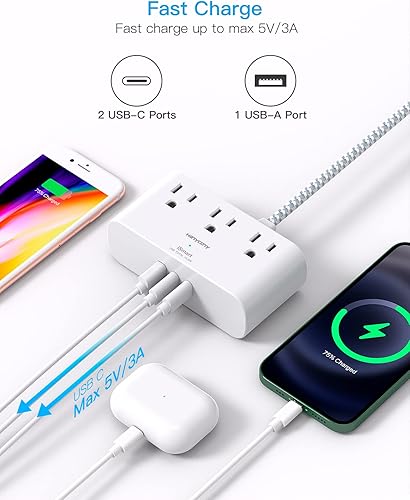 Miniatura 4 de Regleta de alimentación de enchufe plano cable de extensión plano ultrafino de 6 pies 3 tomas de corriente 3 puertos USB 2 USB C estación de carga