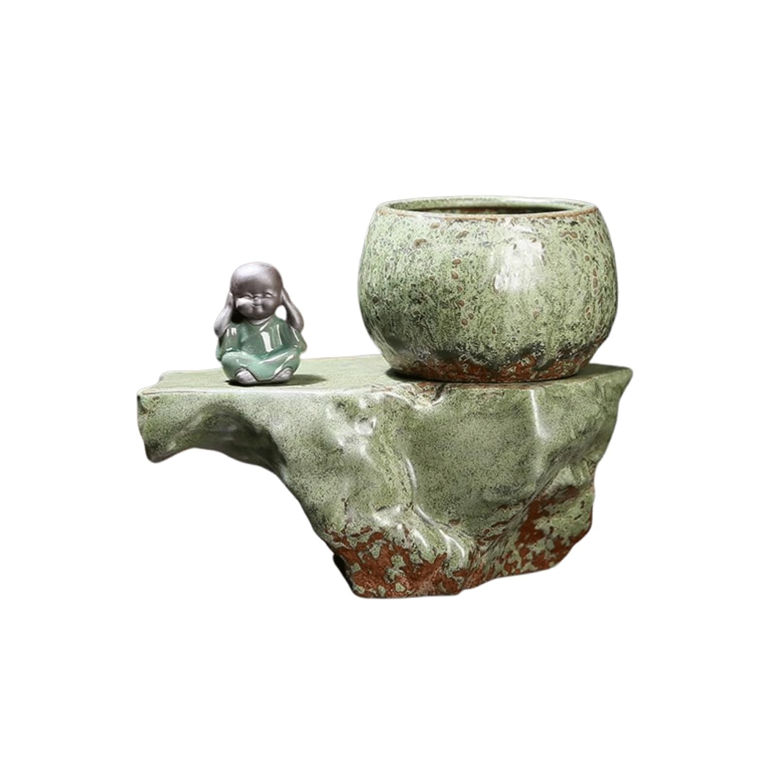Dekoracyjna samonawadniająca ceramiczna donica z figurką kochającą rośliny, mały mnich, glazurowana doniczka na sukulenty, głęboki zbiornik na wodę, doniczka Zen na chiński stół, taras (zielona)