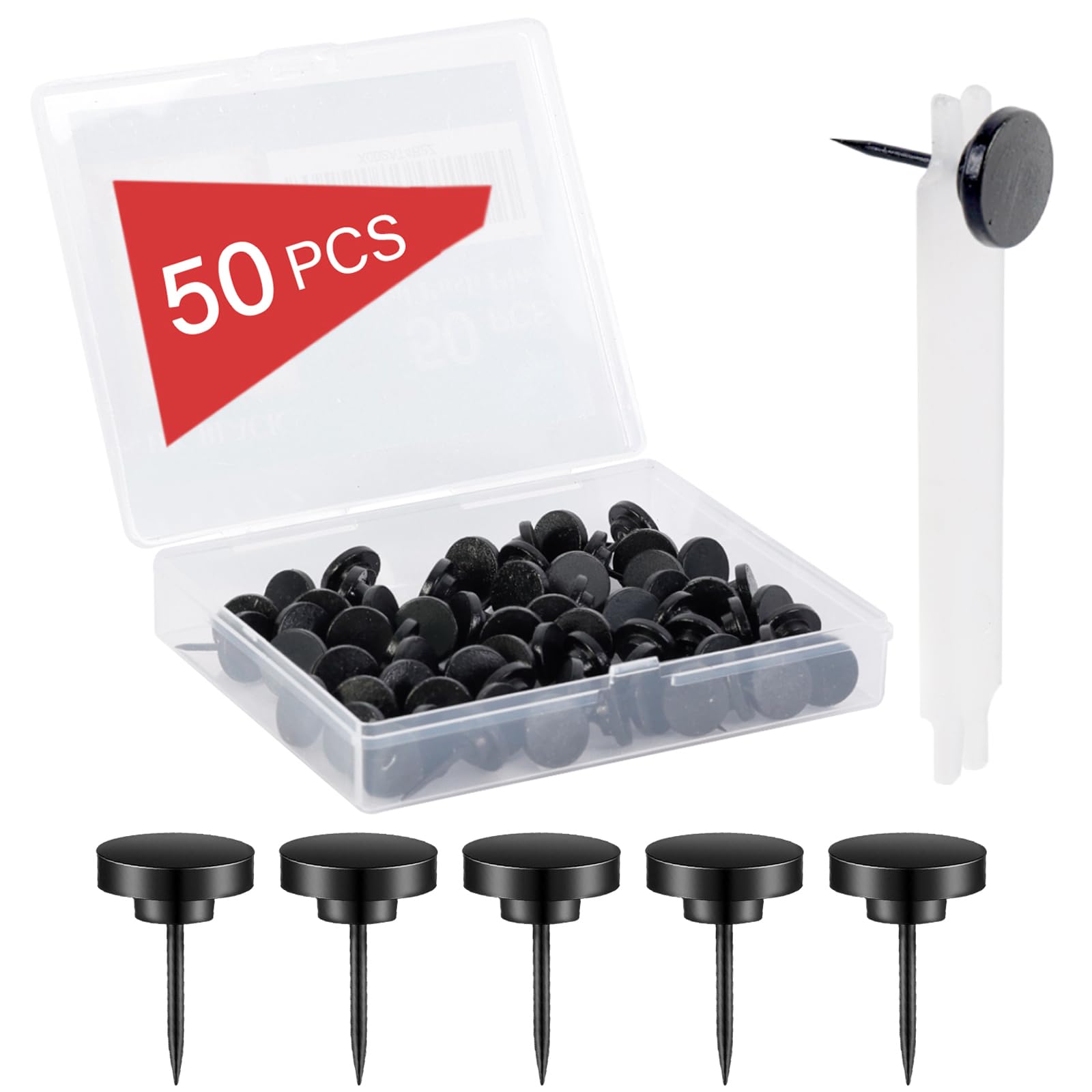 BoxedHome 50 Pieces Push Pins for Bulletin Board, Metal Black Thumb Tacks for Picture Photo Hanging, Small Nails Flat Thumbtacks for Drywall Cork Board, Wall Tack Pins for Shadow Box Office Home