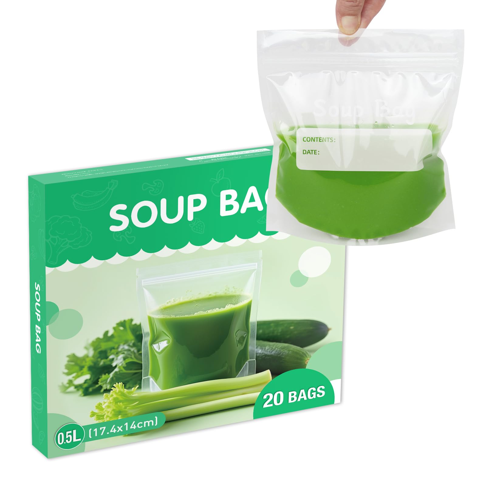 Newkobag Green 20 Soup&Sauce Seal Freezer Bags Reusable Liquid Storage Bags To Storage For Soups, Chillis, Bolognese Sauces, Curries, Any Liquid (500Ml)