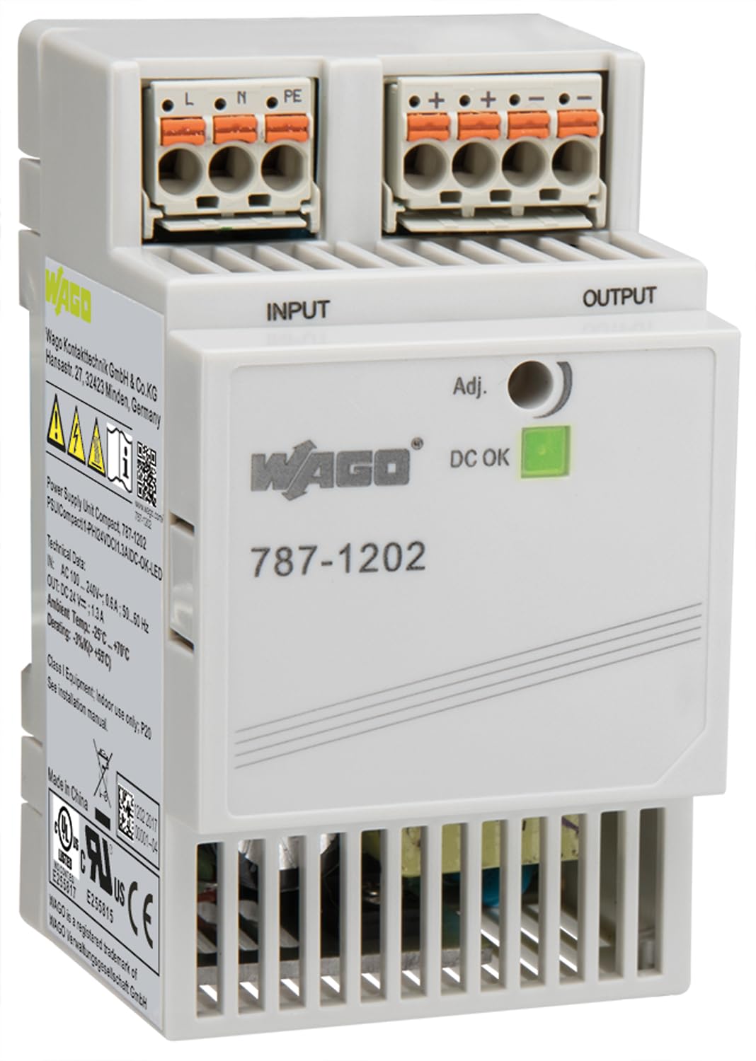 WAGO Compact Power Supply 787-1202, 1-Phase, Clocked Power Supply, DIN-rail Power Supply (DIN-rail), 24 VDC, 1.3 A, DC OK LED