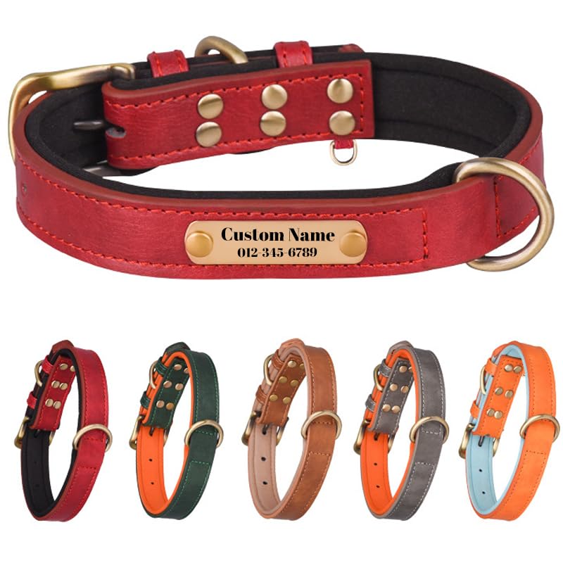 Collar de cuero personalizado para perro, ajustable, personalizable para perro pequeño, mediano, grande, XL, placa de nombre personalizable (rojo)
