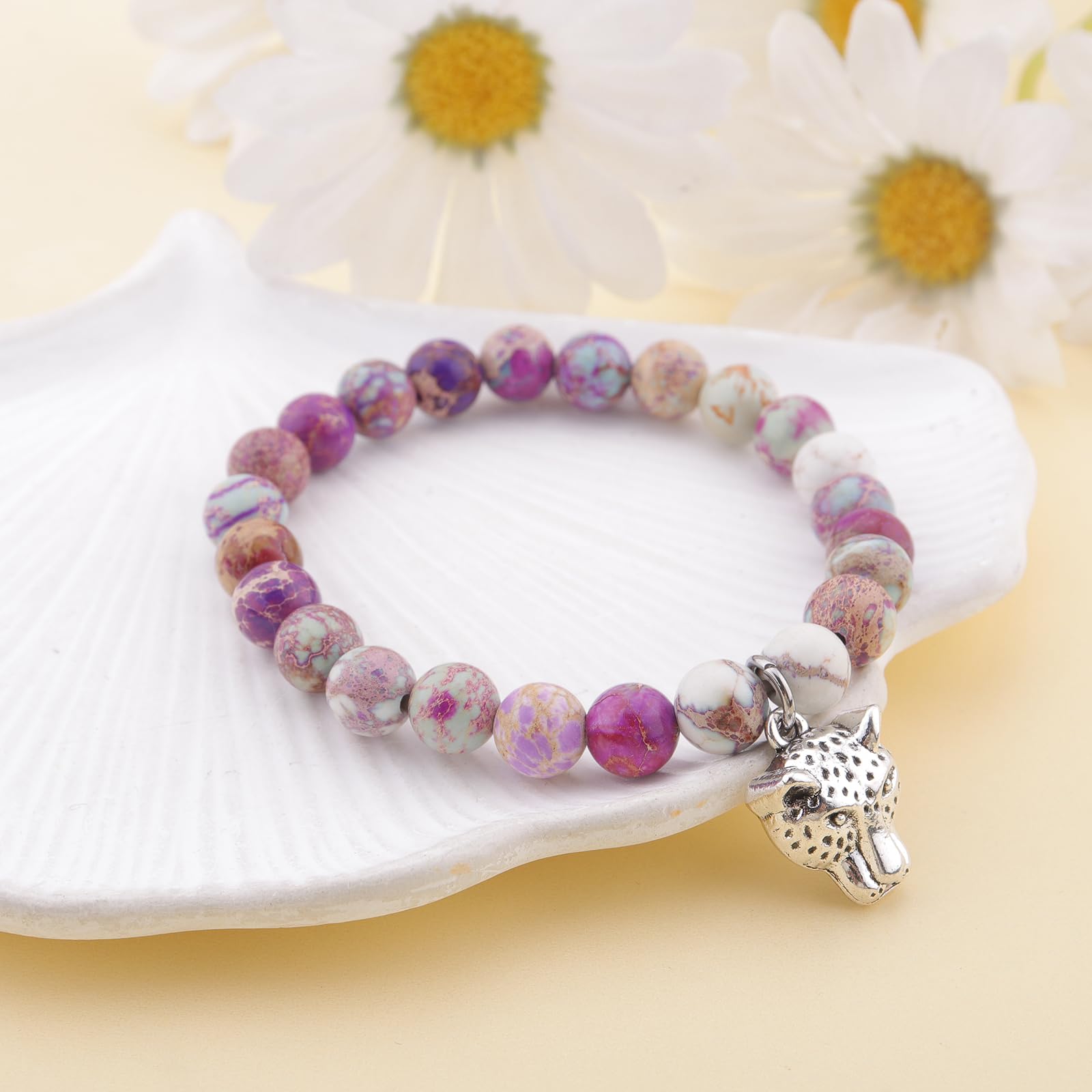 PARTNER Snow Leopard Inspirational Christmas Birthday Gifts for Women Unique Natural Stone Beaded Bracelets for Women Meaningful Animal Jewelry for Snow Leopard Lovers: Emperor Stone