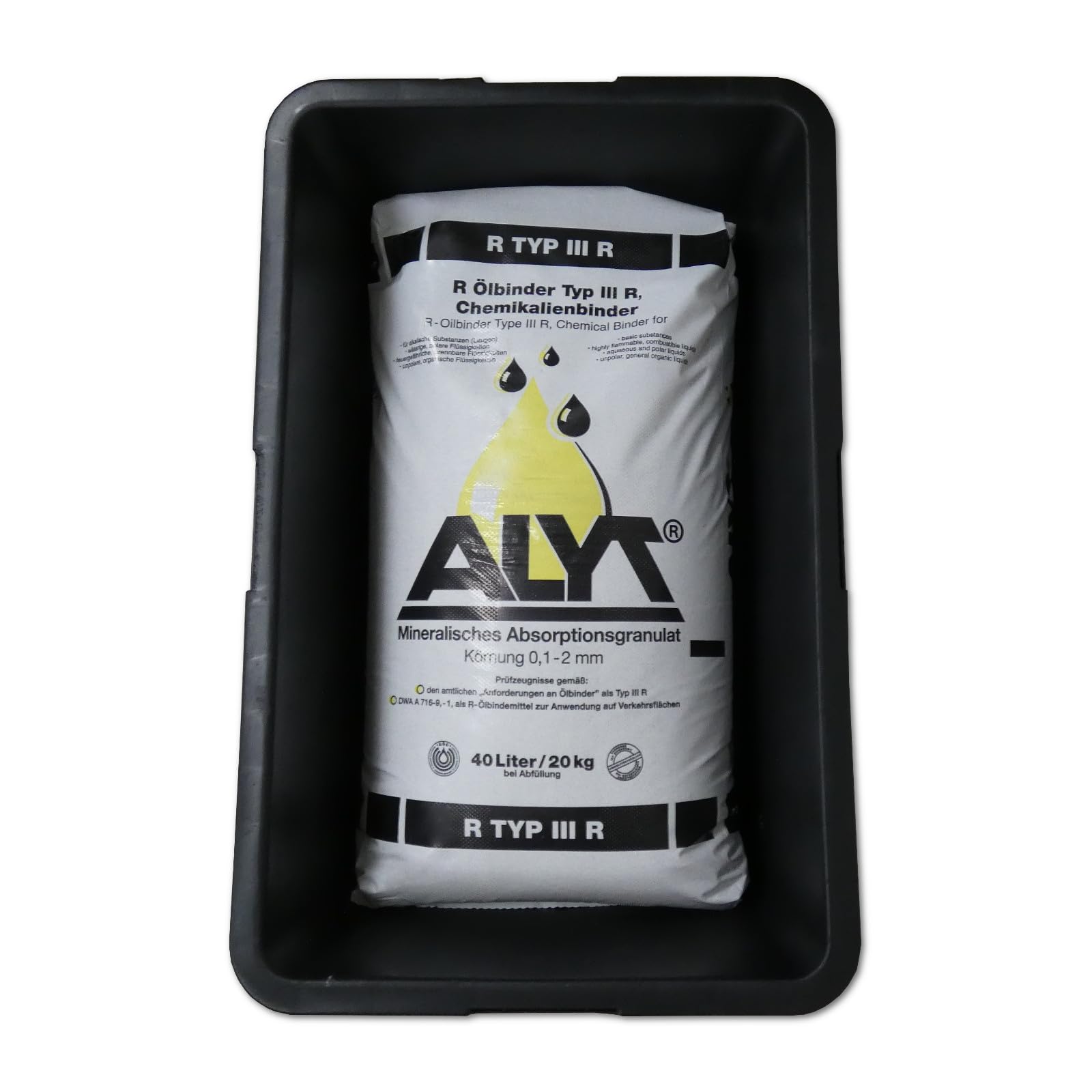 ALYT 40 Liter Ölbindemittel Typ III R mit passender 80 Liter Kunststoffwanne - Chemikalienbinder - Ölbinder mit sehr hohem Aufsaugvermögen