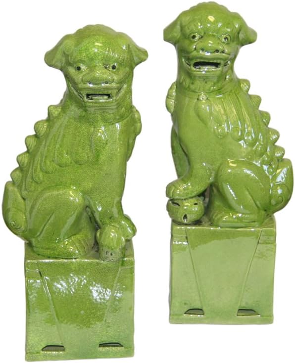 Lime Green Porcelain Sitting Foo Dog Pair - Medium