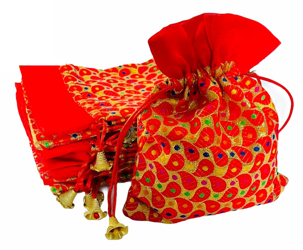 KrisahKrisah 23 X 18 cm Women Red Brocade Self Design Silk Brocade Gift Potli Bags for Gifting Pack of 10