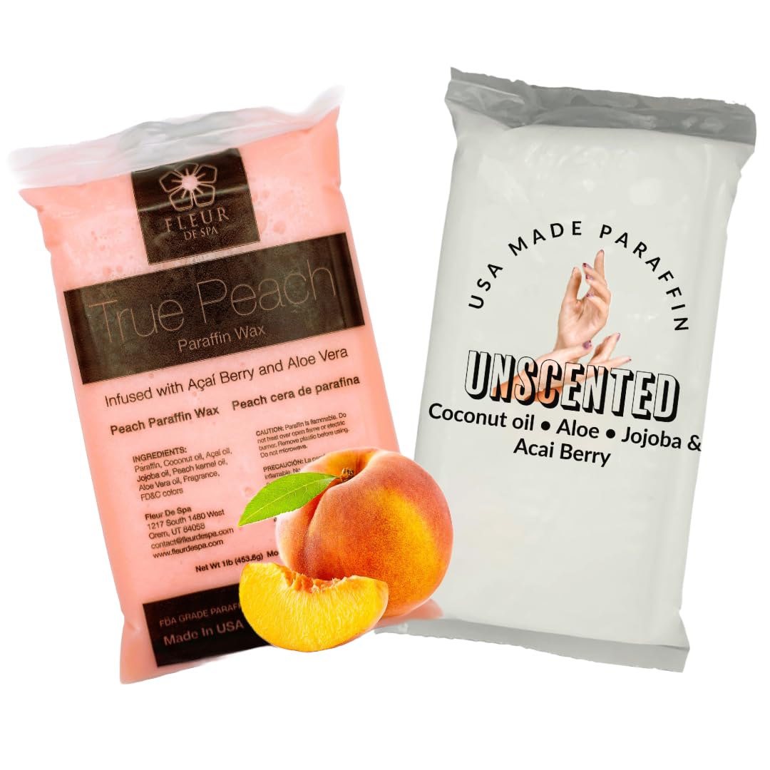 FLEUR DE SPA Paraffin Wax Refill 2lb bundle | Peach & Unscented | USA Made | At-Home Spa Experiene Hand & Foot Wax