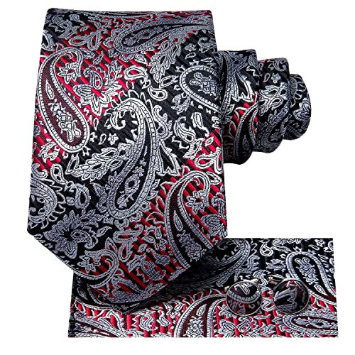 Image of Hi-Tie Paisley Floral Ties Set for Men Silk Mens Stripes Necktie Pocket Square Cufflinks Set Formal Business