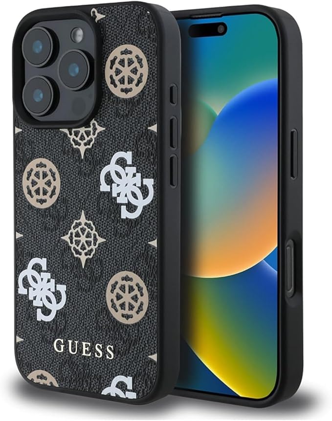 Cover per iPhone 16 Pro Max, supporto per ricarica wireless MagSafe, con logo e design in pelle approvata dal marchio globale GUESS da CG-MOBILE (nero)