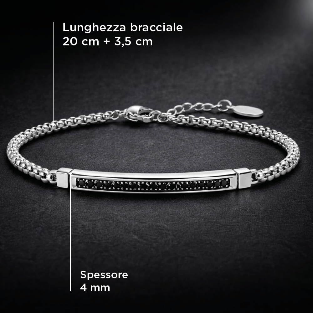 SAGA GIOIELLI® Bracciale Uomo Acciaio con maglia tonda, barretta centrale e cristalli neri – Idea Regalo Festa del Papà, Compleanno, Natale, San Valentino, Anniversario - Confezione regalo inclusa