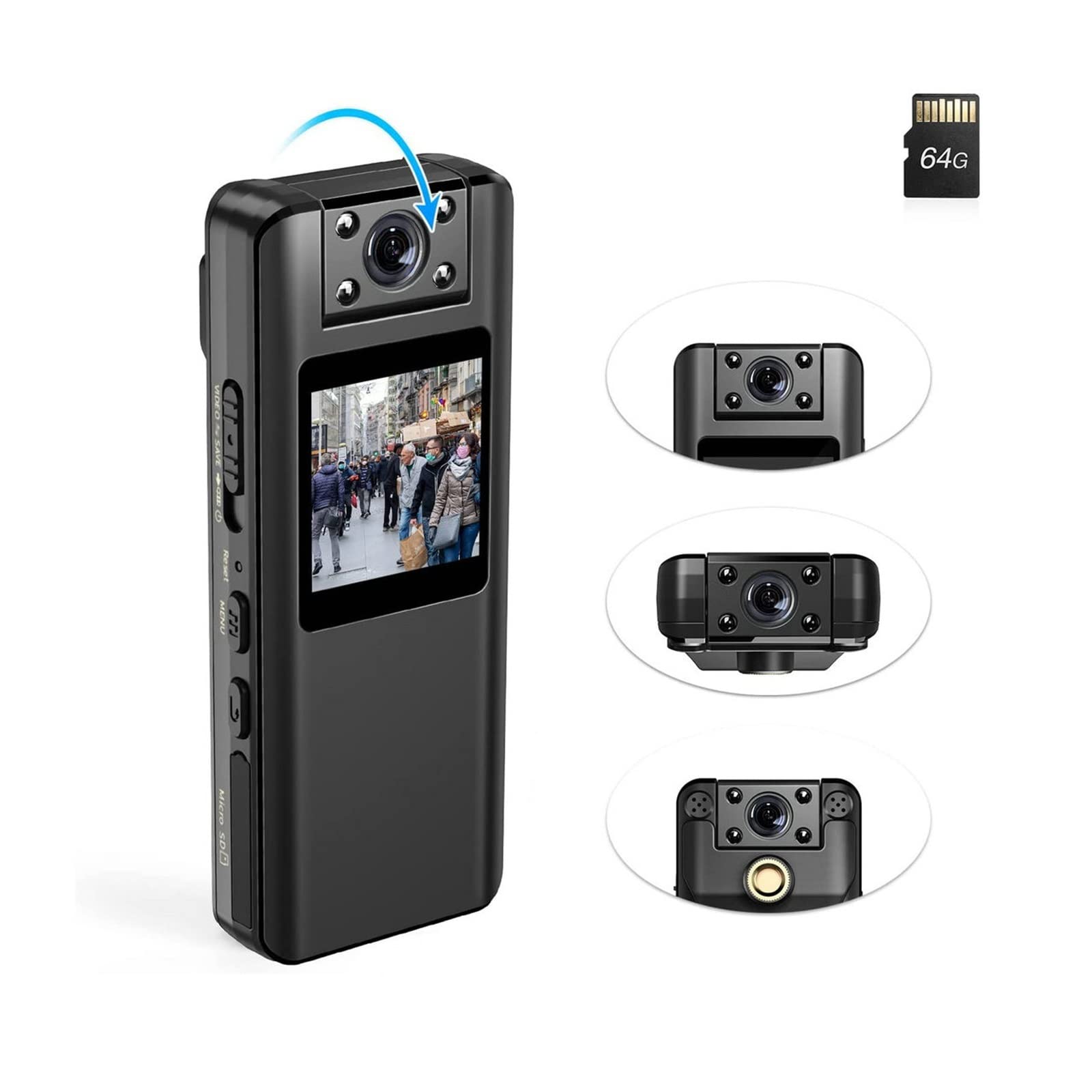 Action Cam, A22 Videocamera indossata con corpo piccolo Videocamera HD 1080P Registrazione Schermo LCD a infrarossi DVR DV Registrazione audio video Supporto Scheda TF da 128 GB ,All'aperto, Sport, Vi