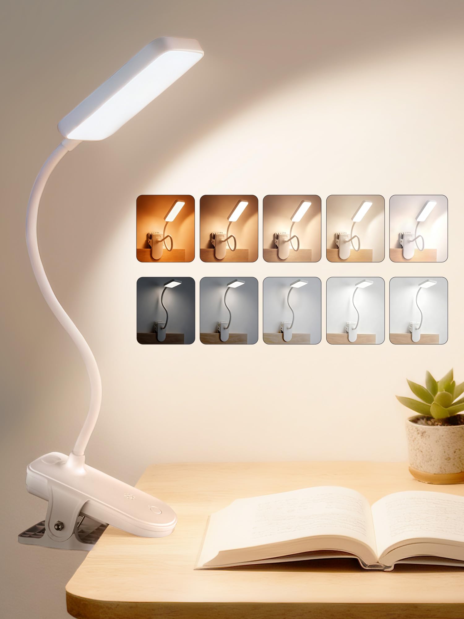 Clip sulla lampada,9 luminosità+5 colori morsetto luce,4000mAh batteria ricaricabile lampada da tavolo con morsetto