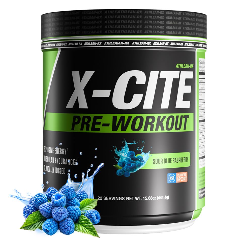 Image of X-CITE Pre-Workout by ATHLEAN-X - Enhanced Formula with Beta-Alanine, Creatine & Caffeine for Ultimate Energy, Endurance, Focus & Muscle Pump, NSF Certified for Sports (Sour Blue Raspberry)