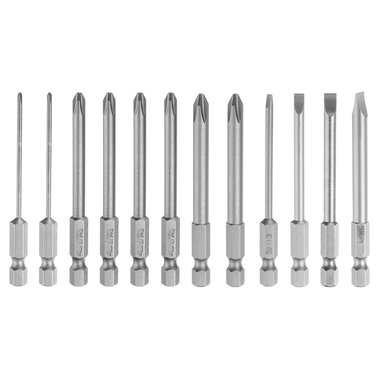 HARFINGTON 12pcs Slotted Phillips Screwdriver Bit Set SL3/4/5/6 PH1(2.0) PH2(5.0/6.0) S2 Steel 1/4" Hex Shank 3" Length Magnetic Flat Cross Head Power