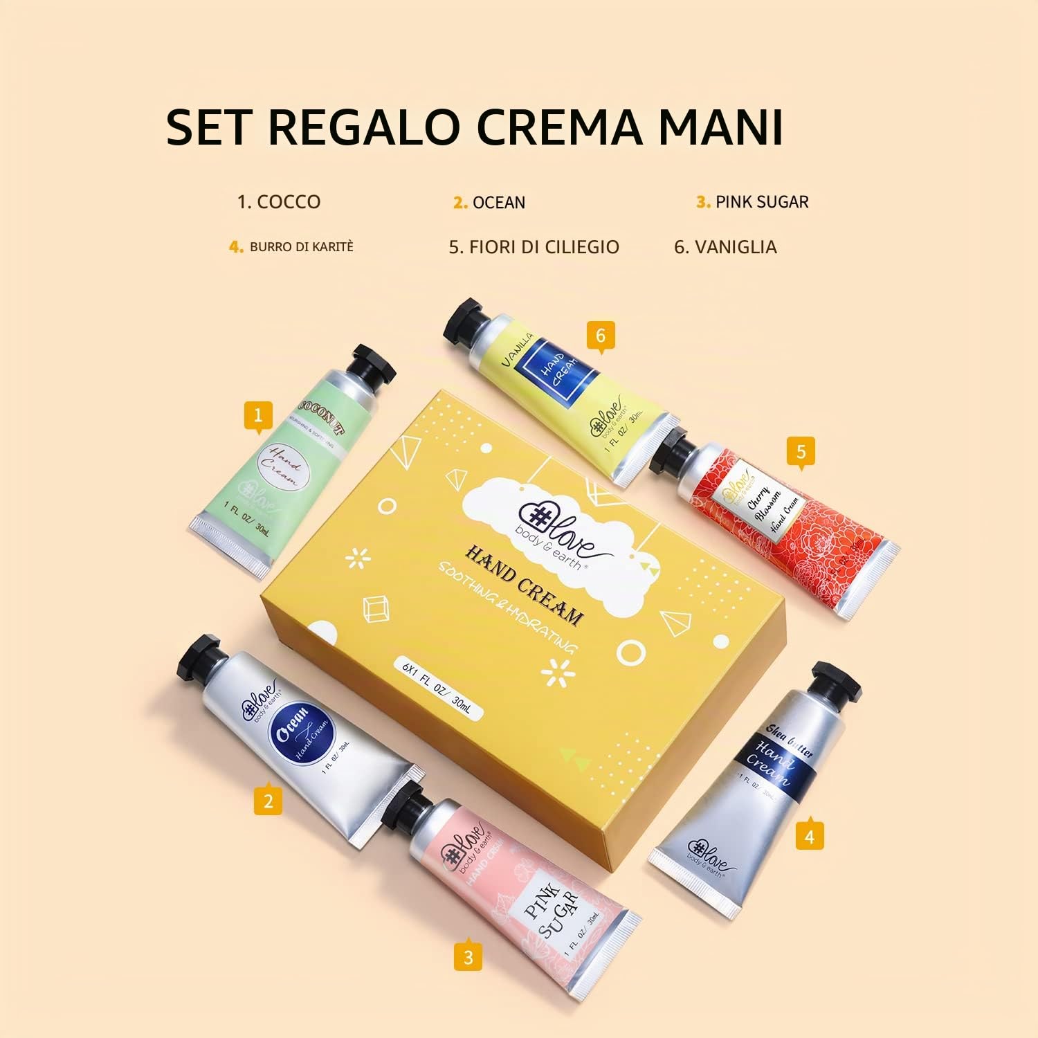 Crema Mani al Burro di Karitè per Donna，Confezione 6 PCS x 30 ml, Creme Mani Set di Riparazione Avanzata per Pelle Secca e Ruvide, 6 Profumi Naturali, Idee Regali Natale Compleanno per Ragazza e Mamma