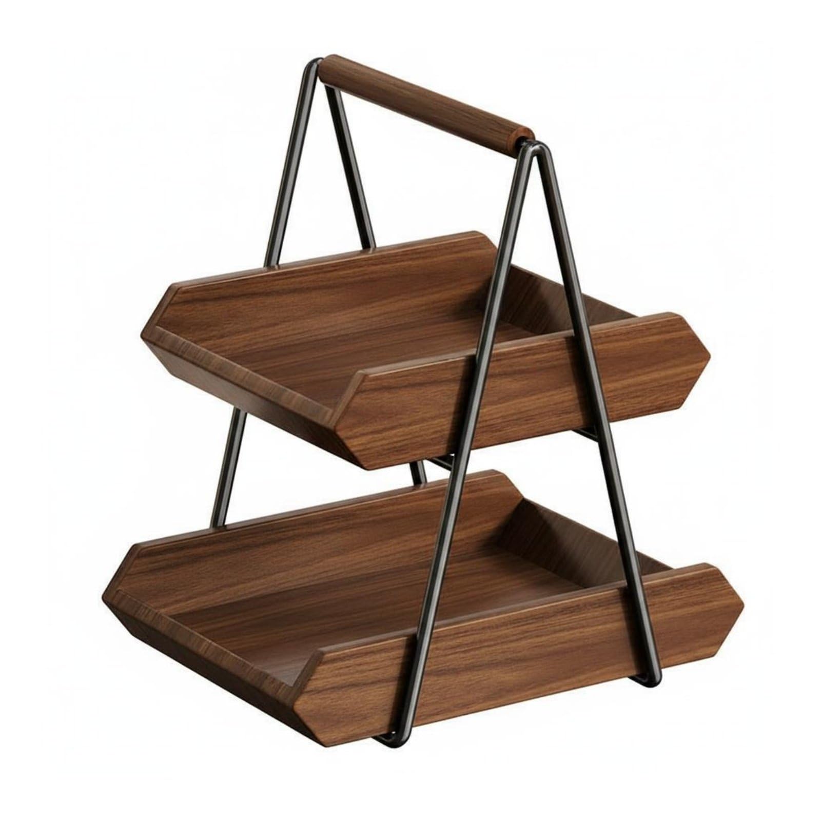 Küchen Aufbewahrungsregal Tischregal Gewürzregal Korbständer Zweistufig Holzoptik mit Griff Stabile Konstruktion aus Gummibaumholz Und Eisen für Lebensmittel Obst Gemüse, color to 4, Groß