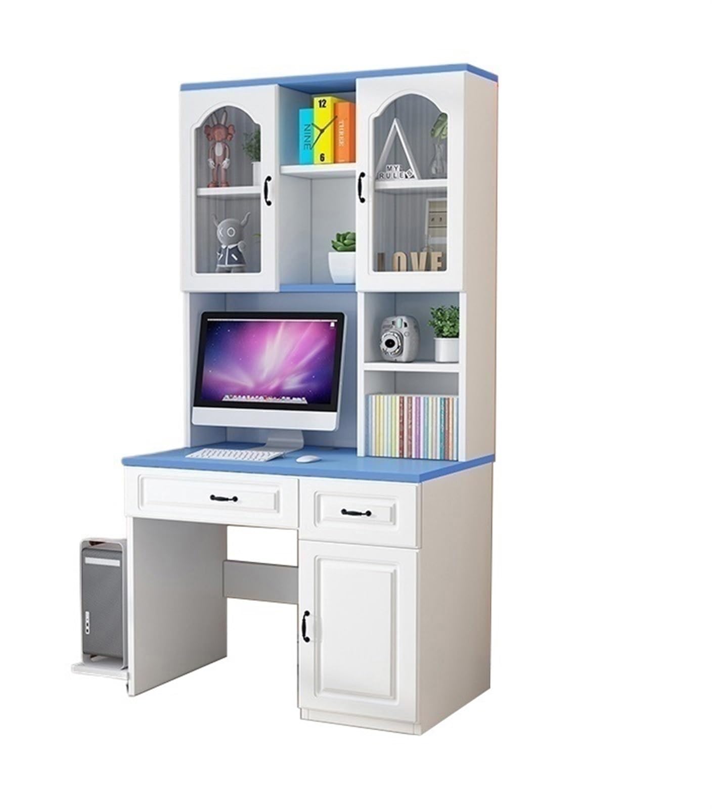 ASerZenith Solid Wood Desk And Bookshelf Combination, Home Study Desk And Bookcase Integrated Writing Desk,Blue100X60X182.5Cm Solidwood